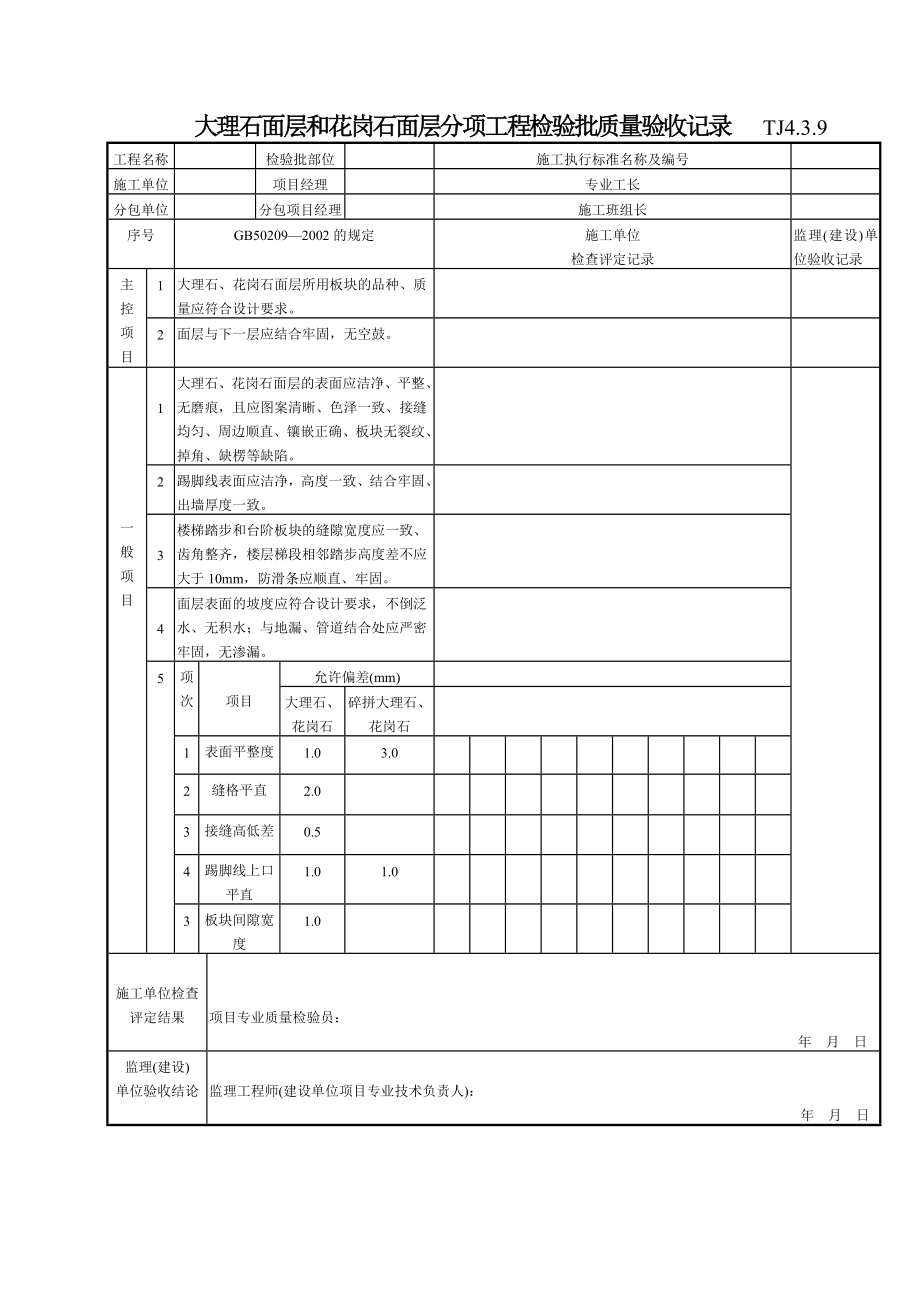 大理石面层和花岗石面层分项工程检验批质量验收记录TJ4-3-09.doc_第1页