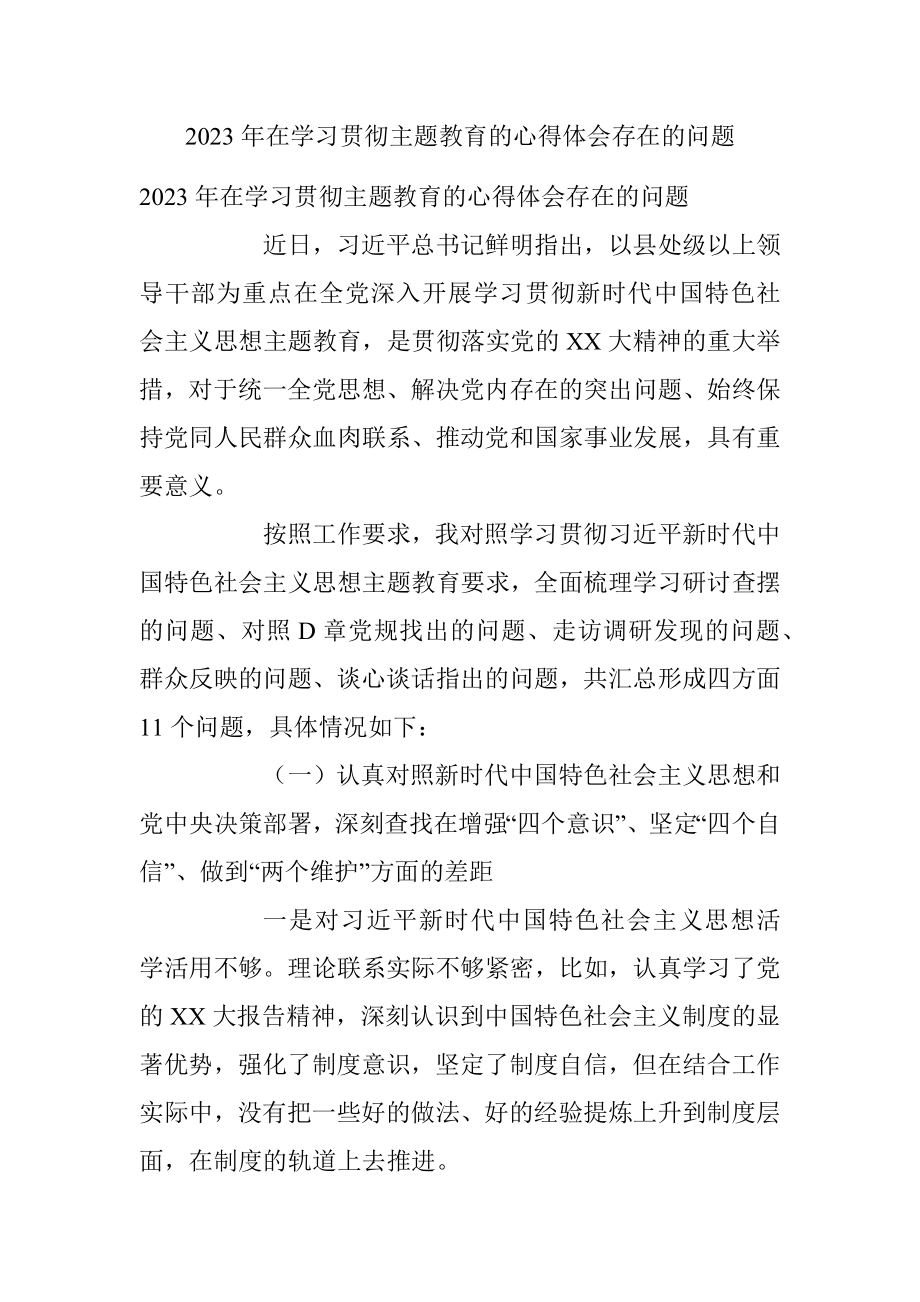 2023年在学习贯彻主题教育的心得体会存在的问题.docx_第1页