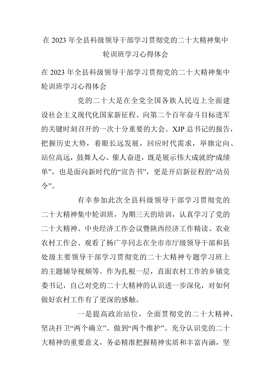 在2023年全县科级领导干部学习贯彻党的二十大精神集中轮训班学习心得体会.docx_第1页