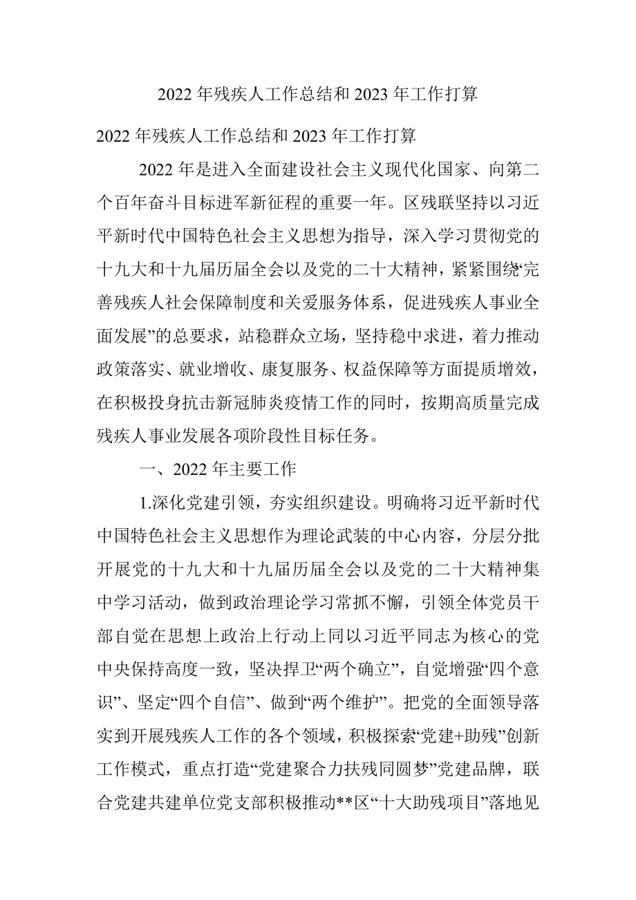 2022年残疾人工作总结和2023年工作打算.docx_第1页