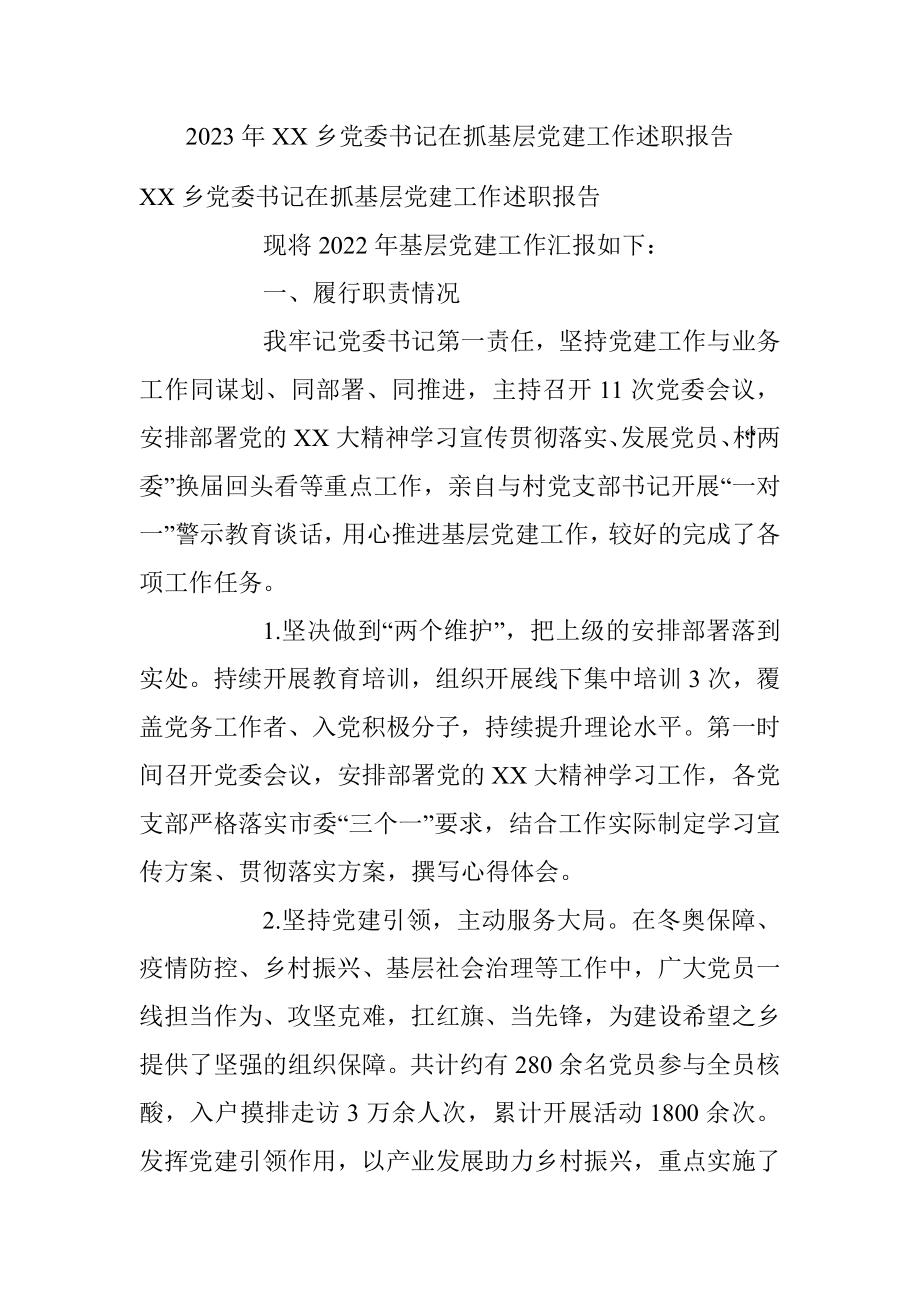 2023年XX乡党委书记在抓基层党建工作述职报告.docx_第1页