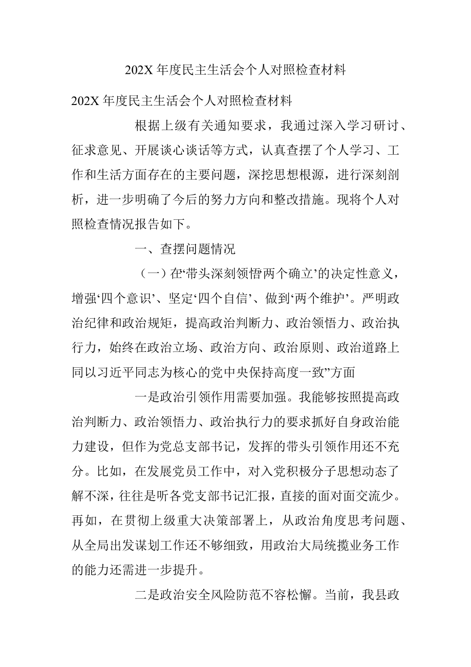 202X年度民主生活会个人对照检查材料.docx_第1页