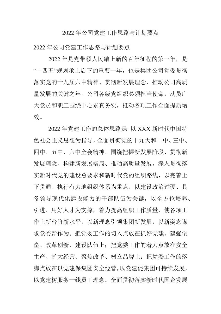 2022年公司党建工作思路与计划要点.docx_第1页