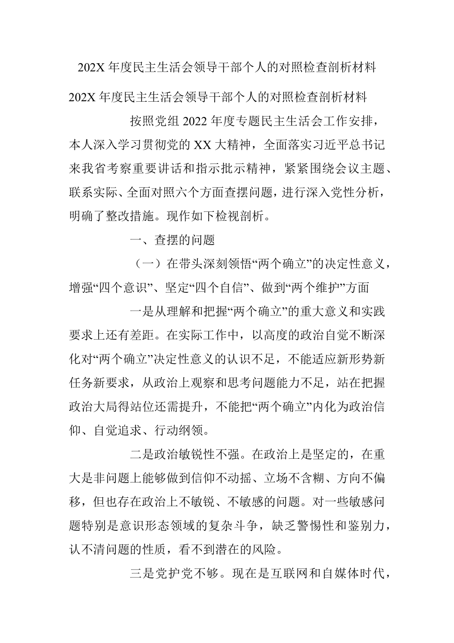 202X年度民主生活会领导干部个人的对照检查剖析材料.docx_第1页