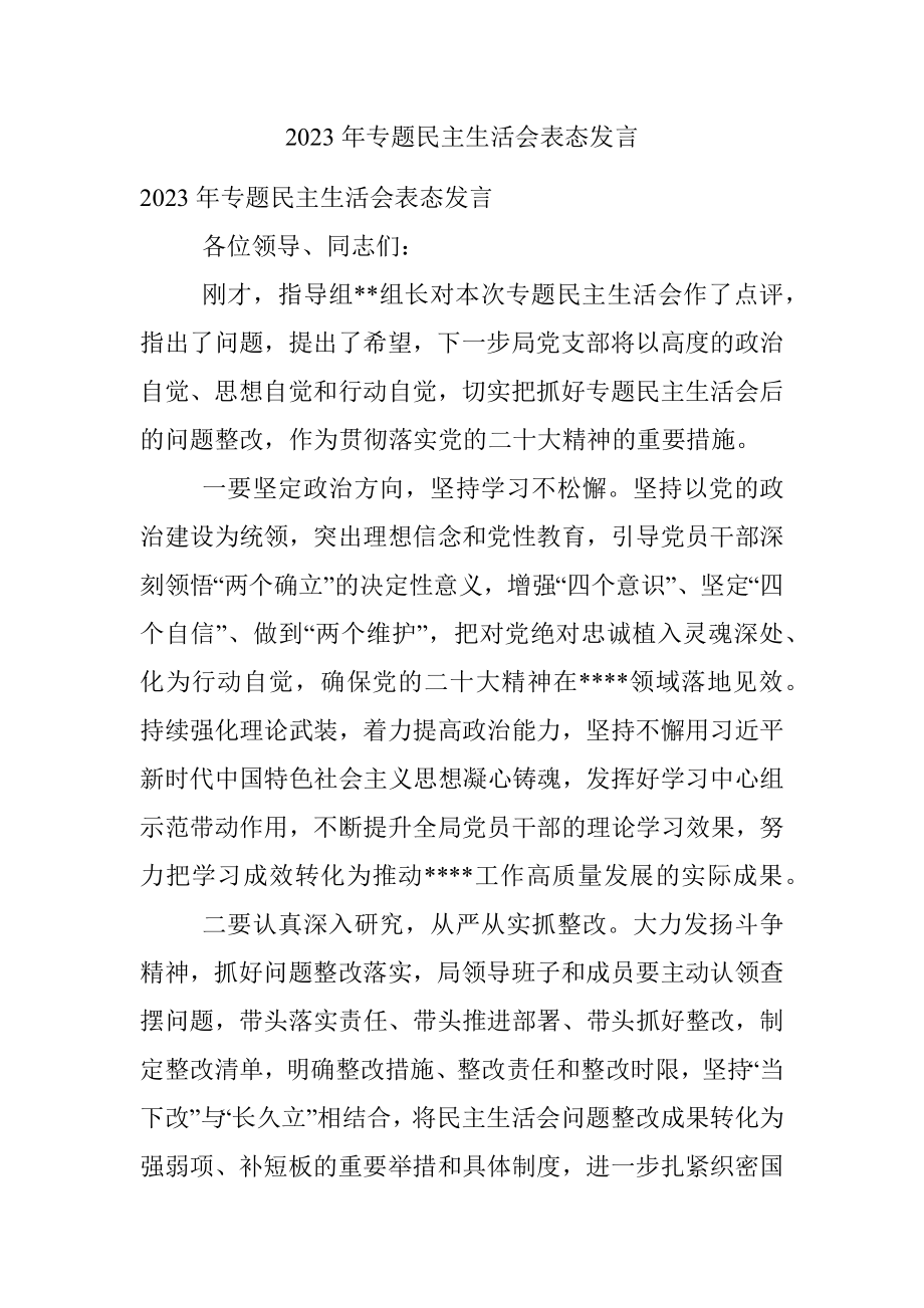 2023年专题民主生活会表态发言.docx_第1页