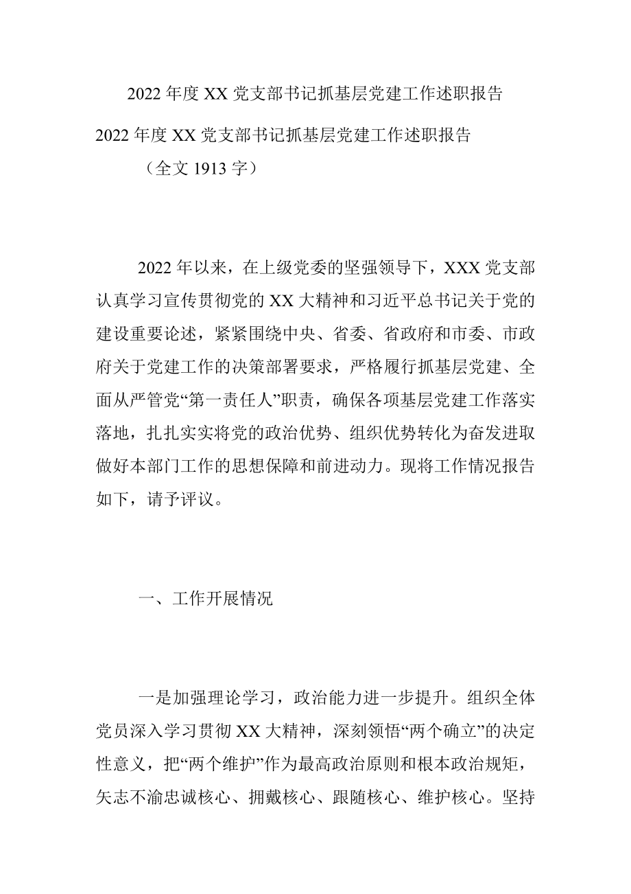 2022年度XX党支部书记抓基层党建工作述职报告.docx_第1页