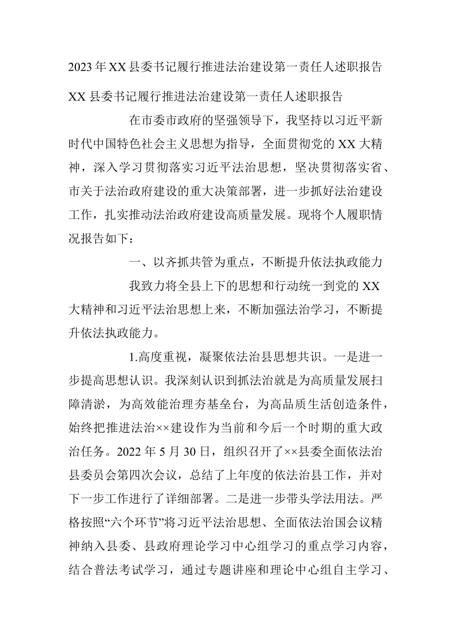 2023年XX县委书记履行推进法治建设第一责任人述职报告.docx_第1页