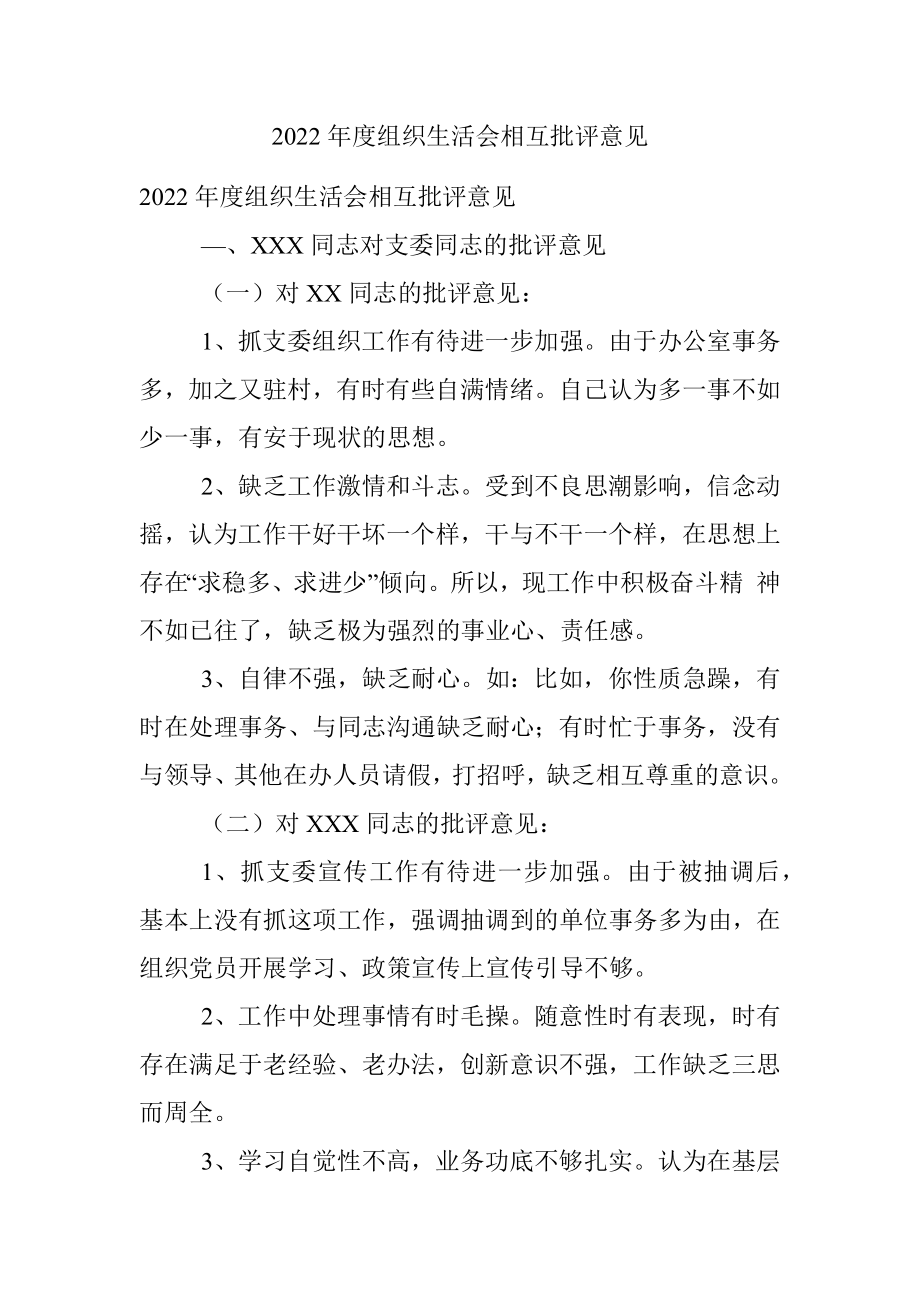 2022年度组织生活会相互批评意见.docx_第1页