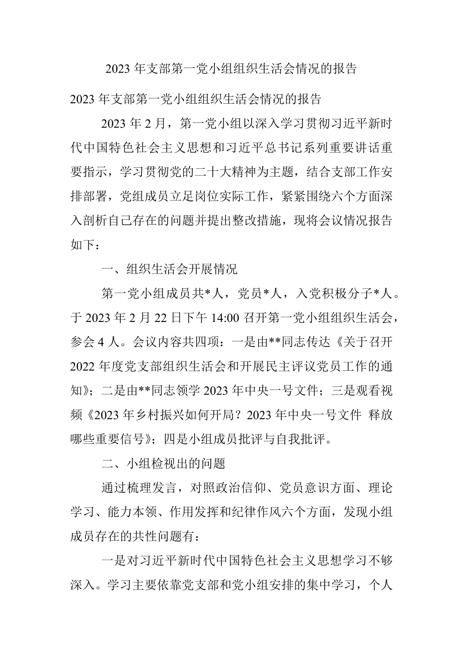 2023年支部第一党小组组织生活会情况的报告_1.docx_第1页