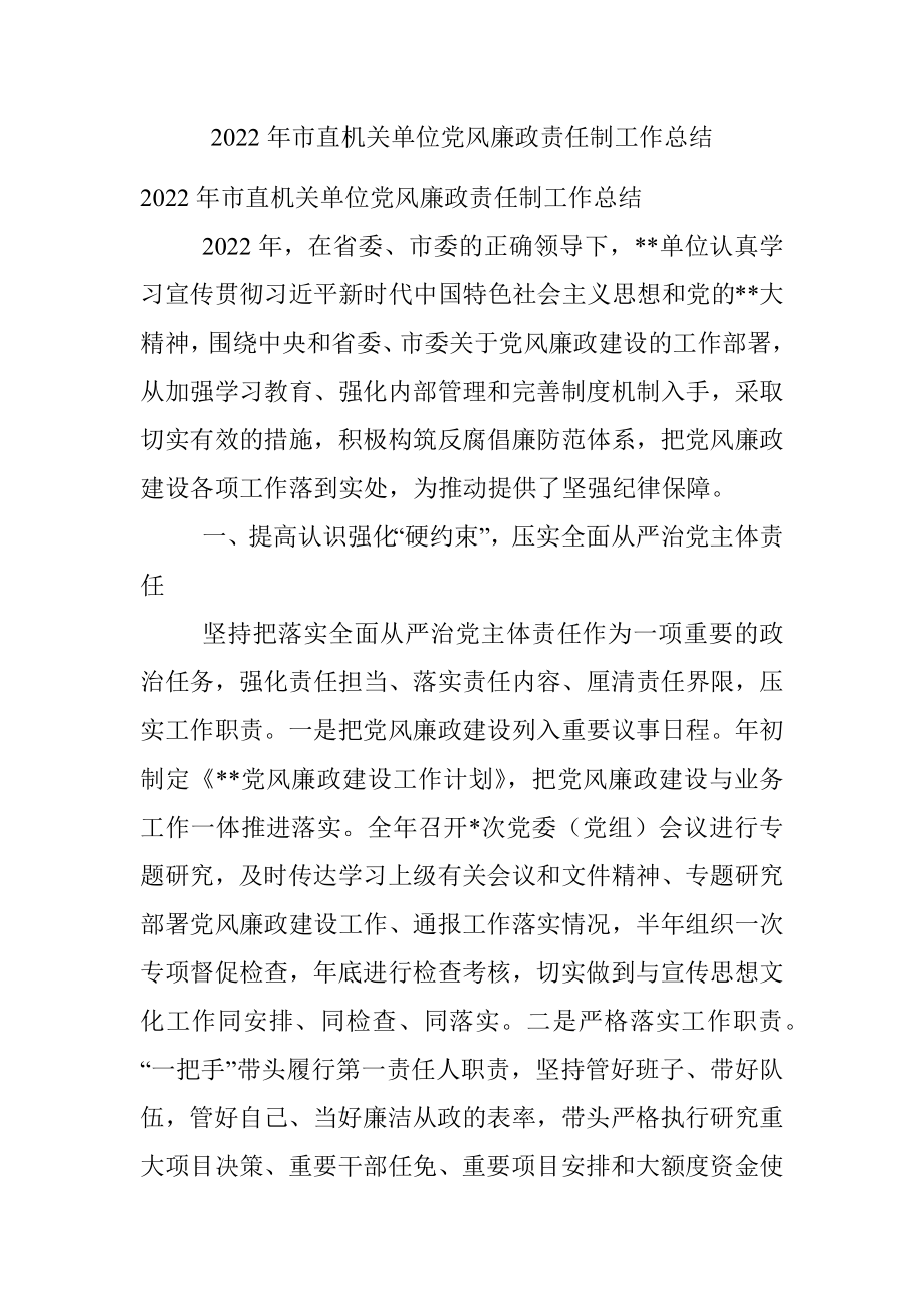 2022年市直机关单位党风廉政责任制工作总结.docx_第1页