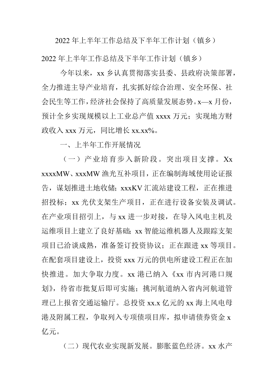 2022年上半年工作总结及下半年工作计划（镇乡）.docx_第1页