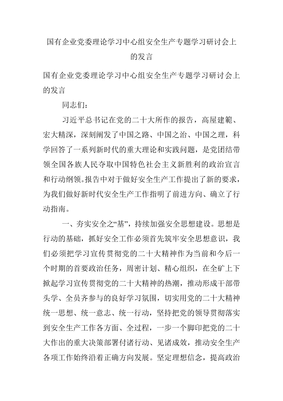 国有企业党委理论学习中心组安全生产专题学习研讨会上的发言.docx_第1页