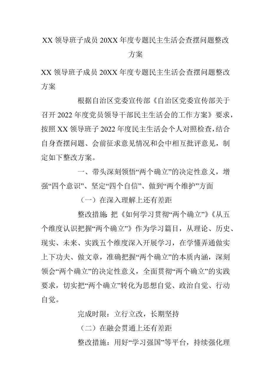 XX领导班子成员20XX年度专题民主生活会查摆问题整改方案.docx_第1页