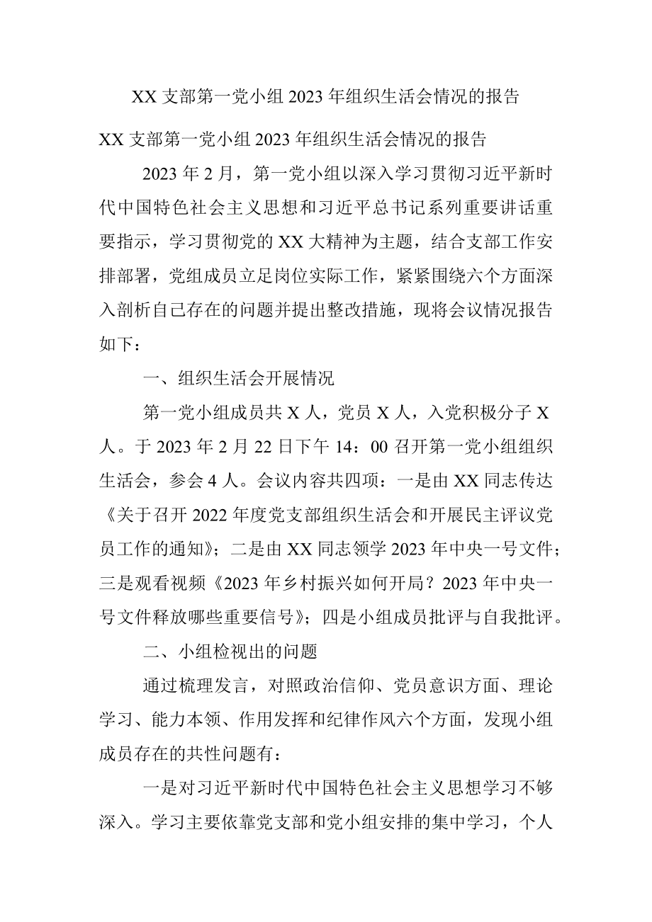 XX支部第一党小组2023年组织生活会情况的报告.docx_第1页