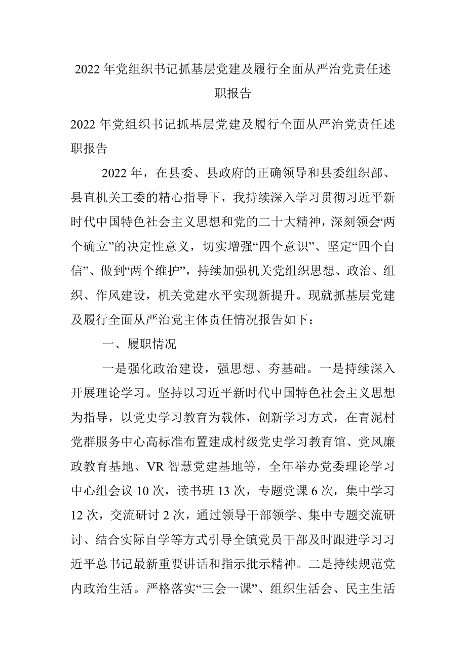 2022年党组织书记抓基层党建及履行全面从严治党责任述职报告.docx_第1页