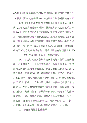 XX县委组织部支部班子2022年度组织生活会对照检查材料.docx