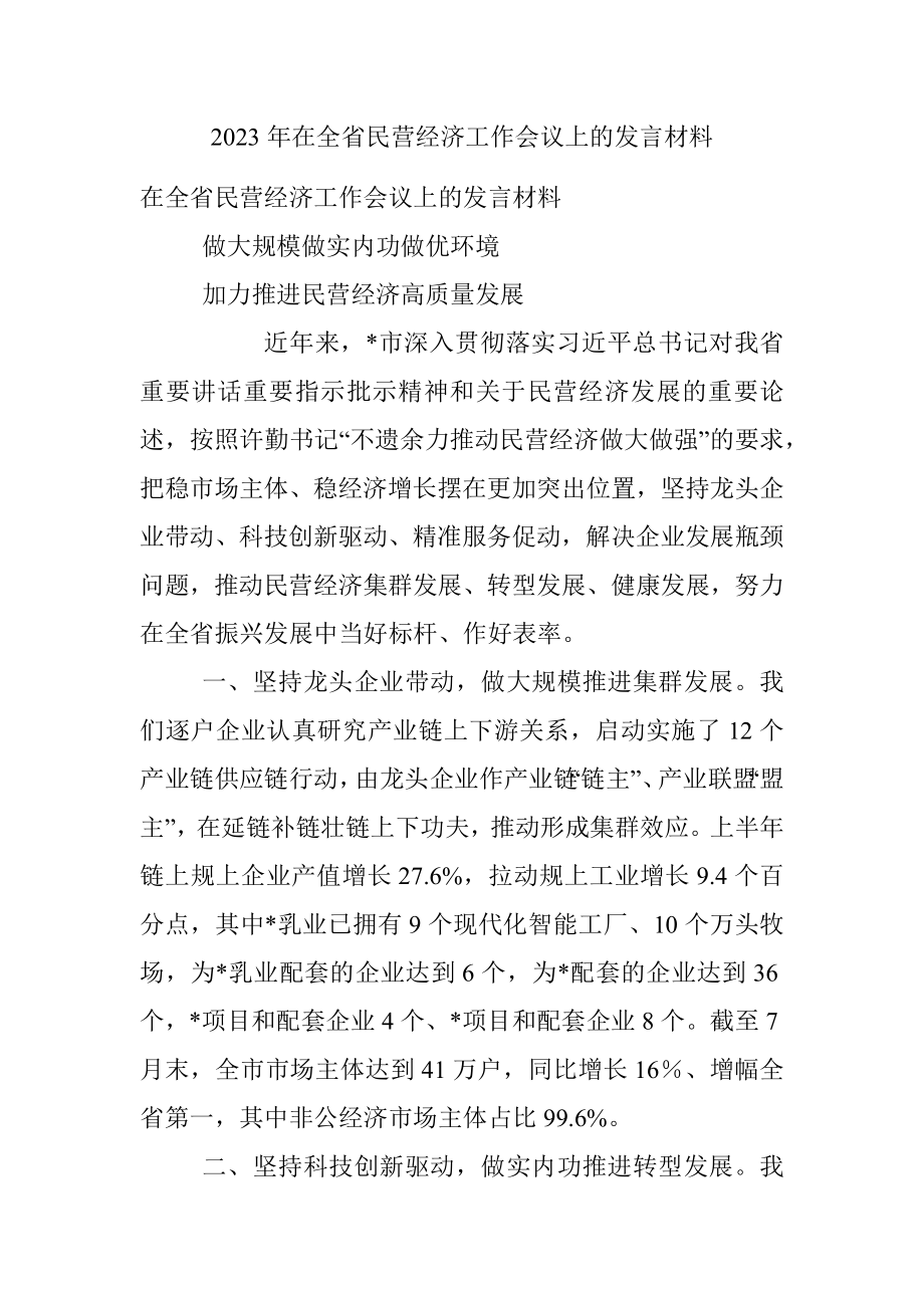 2023年在全省民营经济工作会议上的发言材料.docx_第1页