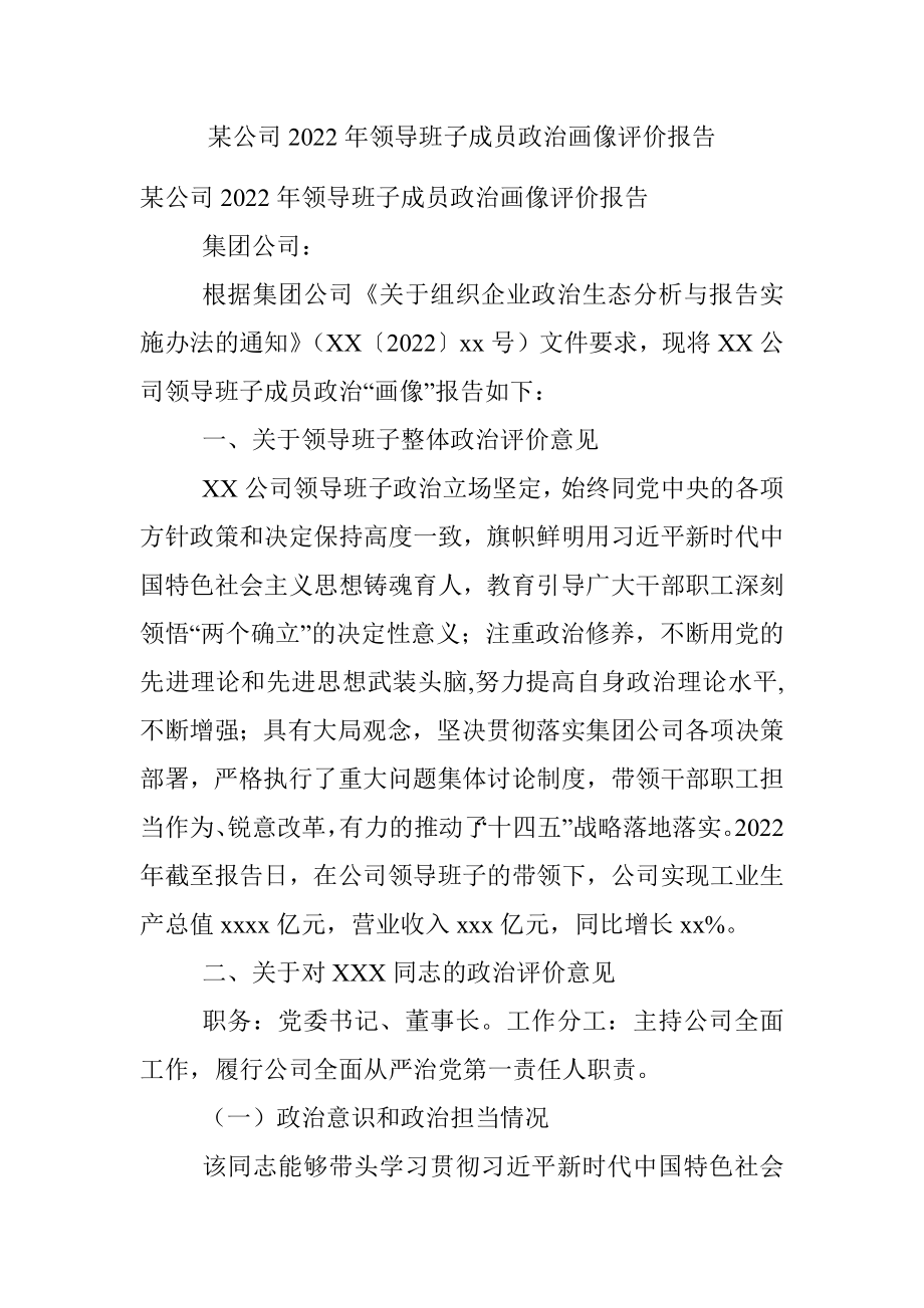 某公司2022年领导班子成员政治画像评价报告.docx_第1页