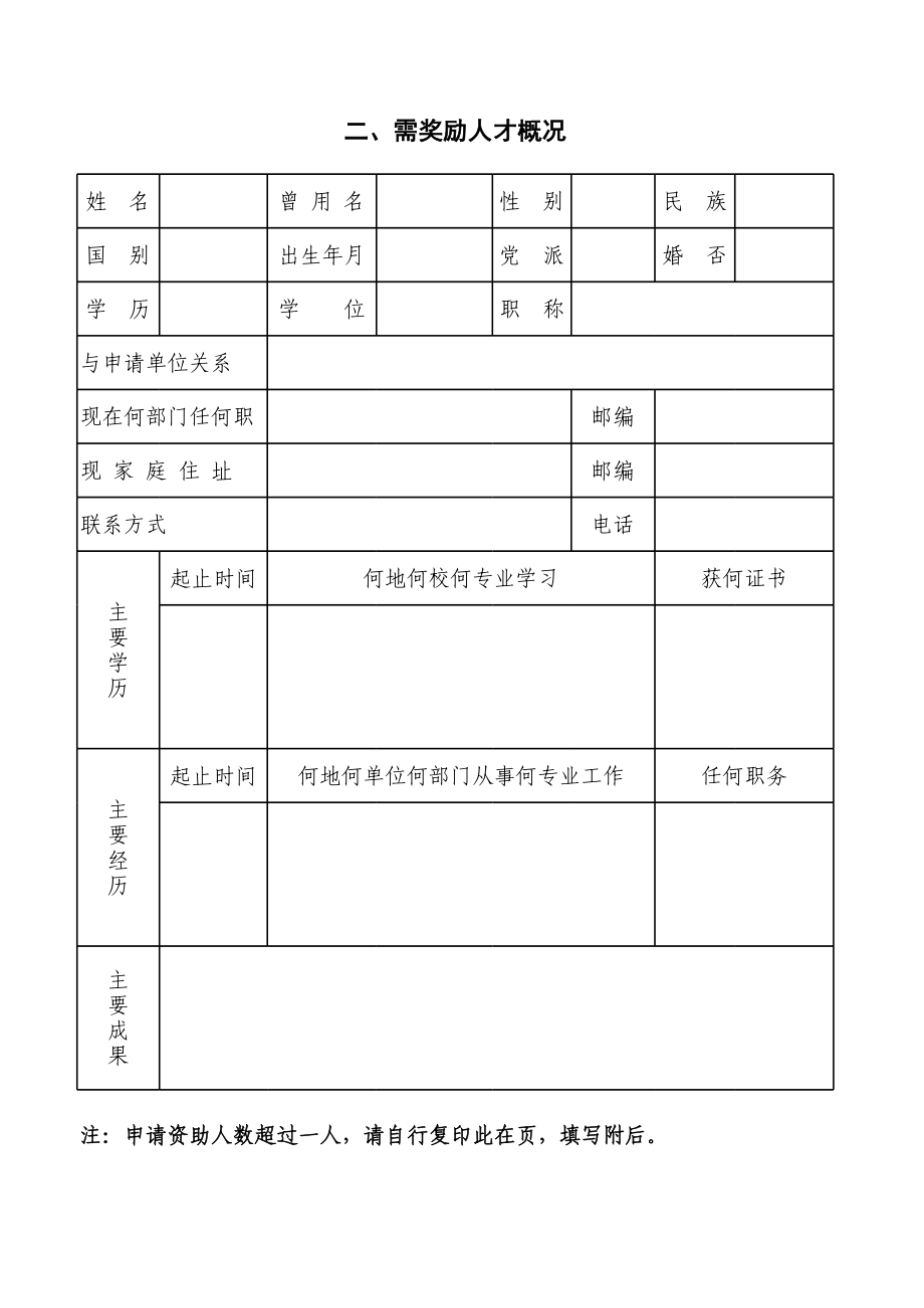 奖励有突出贡献人才资金资助申请书.xls_第2页