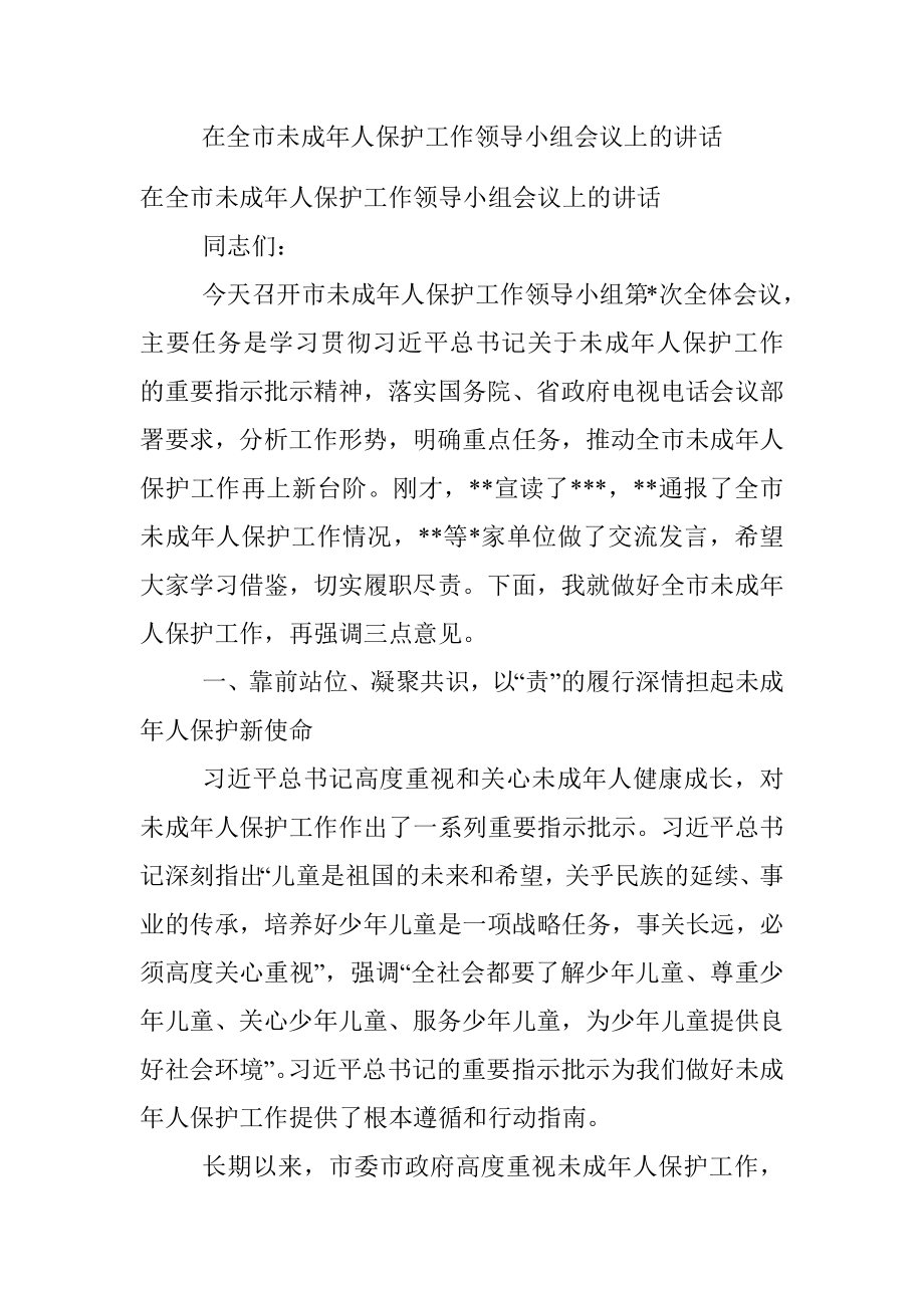 在全市未成年人保护工作领导小组会议上的讲话.docx_第1页