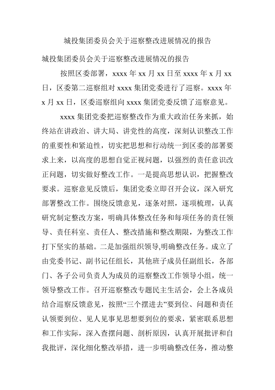 城投集团委员会关于巡察整改进展情况的报告.docx_第1页