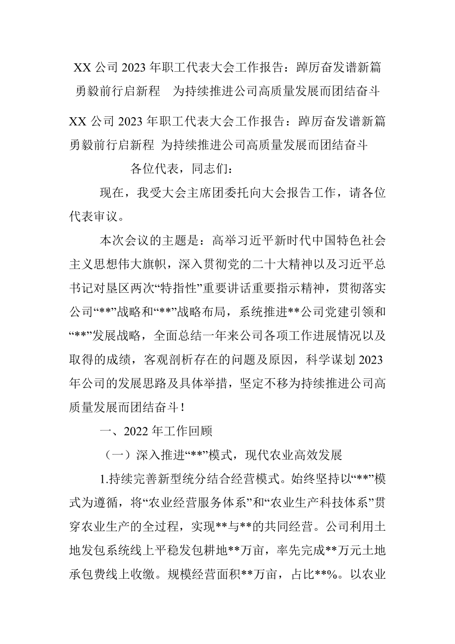 XX公司2023年职工代表大会工作报告：踔厉奋发谱新篇 勇毅前行启新程为持续推进公司高质量发展而团结奋斗.docx_第1页