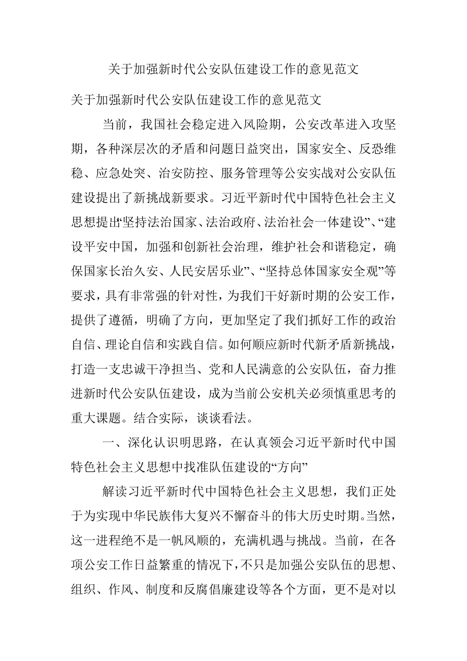 关于加强新时代公安队伍建设工作的意见范文.docx_第1页