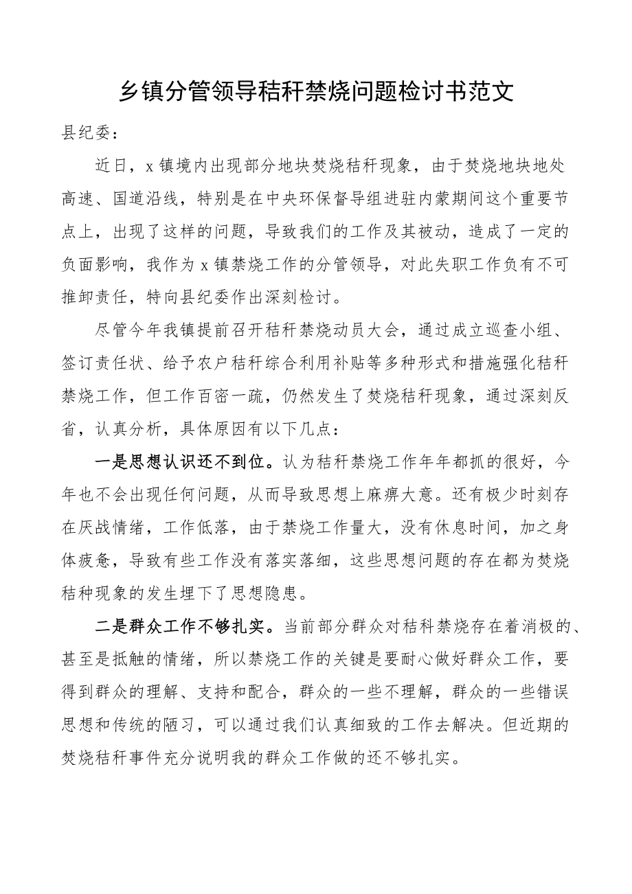 乡镇分管领导秸秆禁烧问题检讨书(范文）.docx_第1页