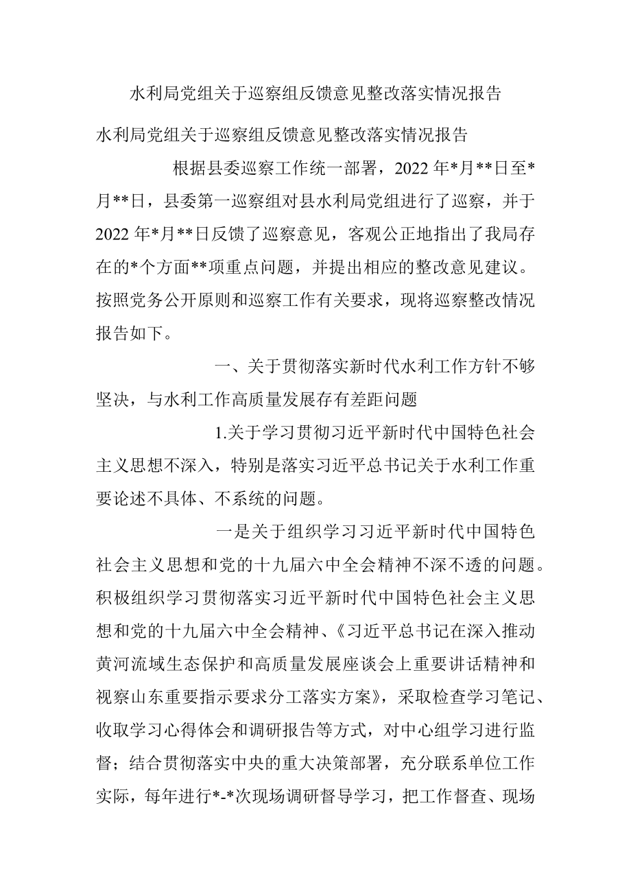 水利局党组关于巡察组反馈意见整改落实情况报告.docx_第1页