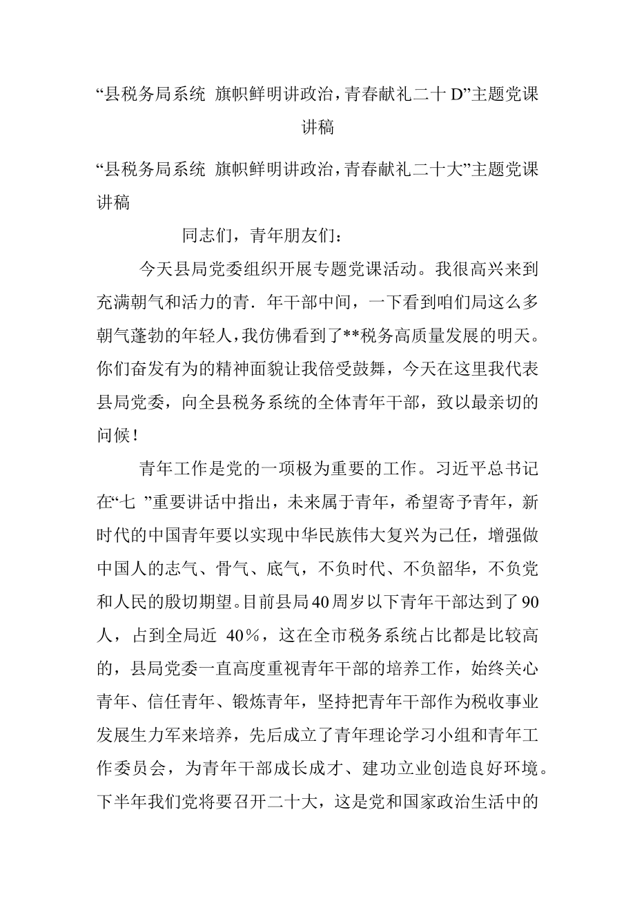 “县税务局系统 旗帜鲜明讲政治青春献礼二十D”主题党课讲稿.docx_第1页