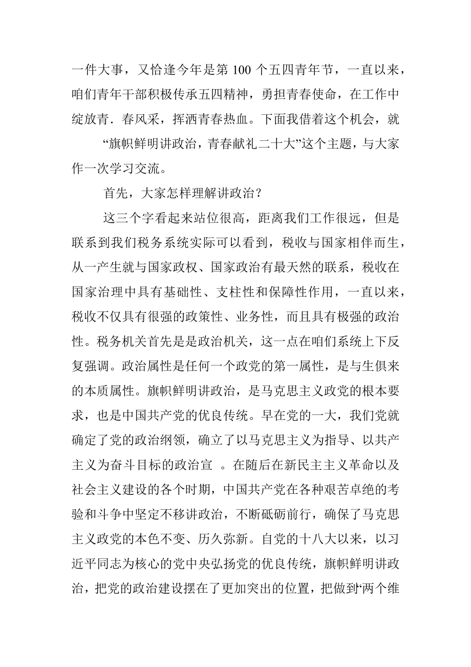 “县税务局系统 旗帜鲜明讲政治青春献礼二十D”主题党课讲稿.docx_第2页