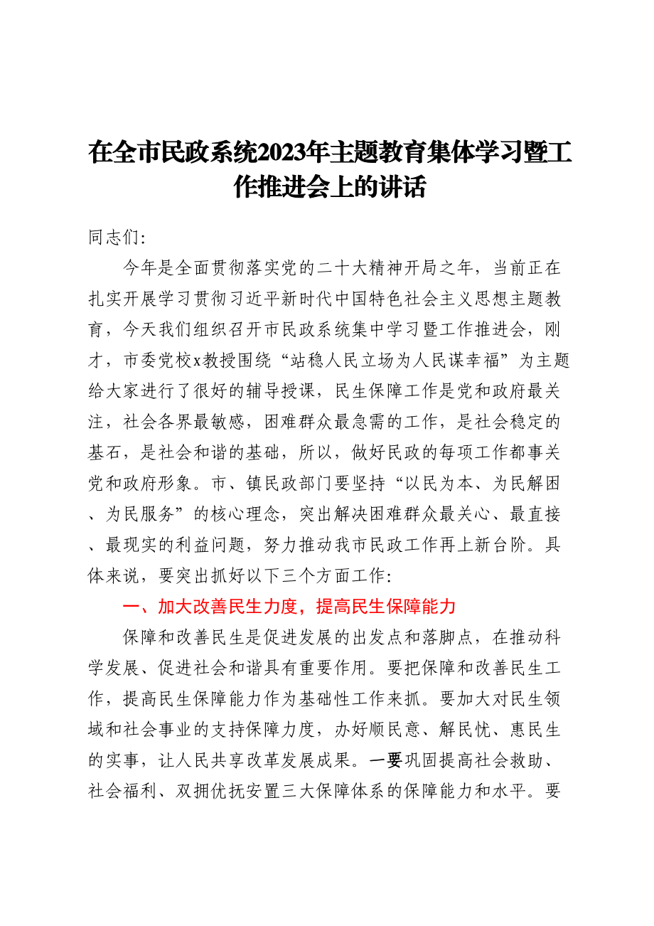 在全市民政系统2023年主题教育集体学习暨工作推进会上的讲话(范文）.docx_第1页