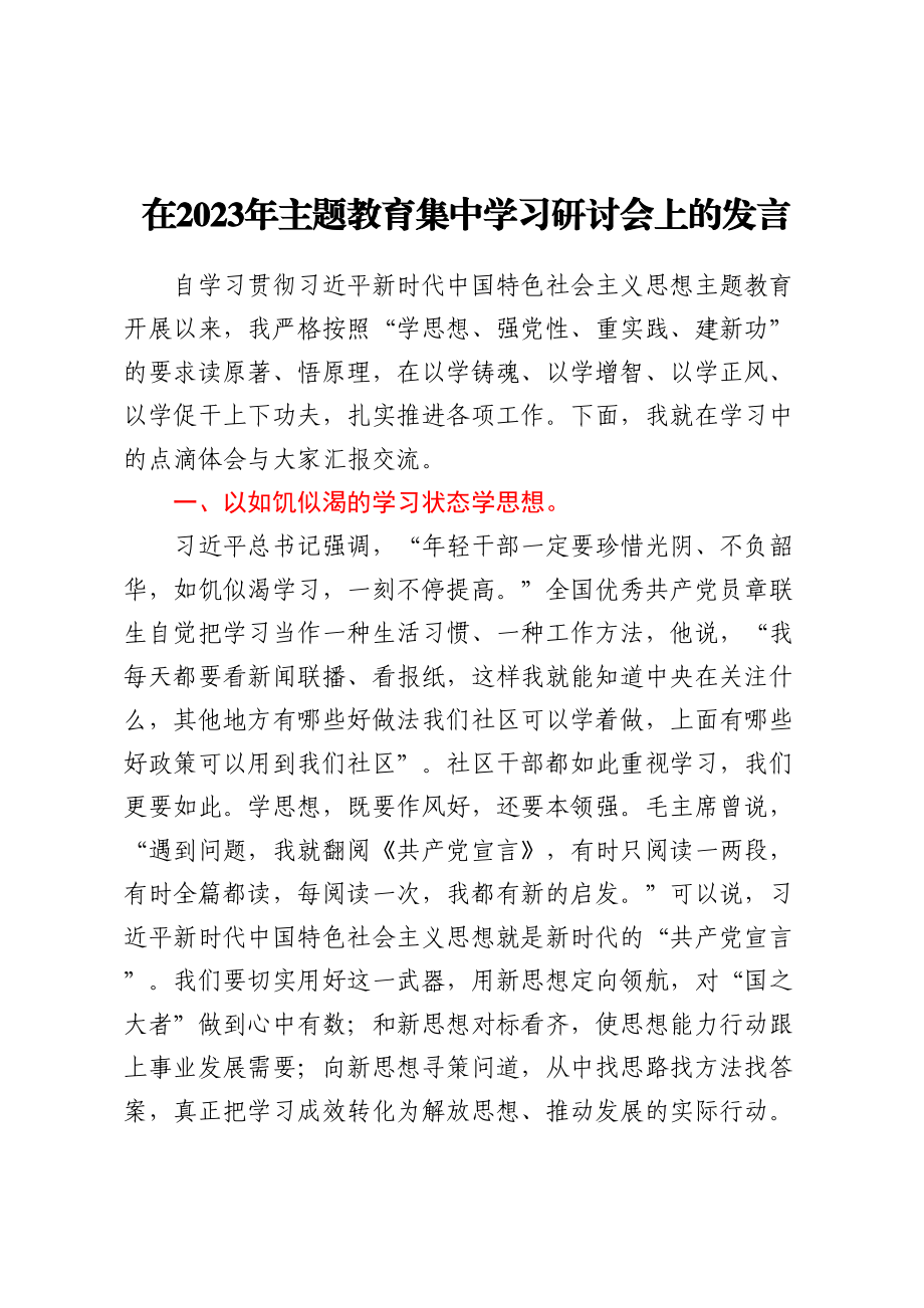 在2023年主题教育集中学习研讨会上的发言(范文）.docx_第1页