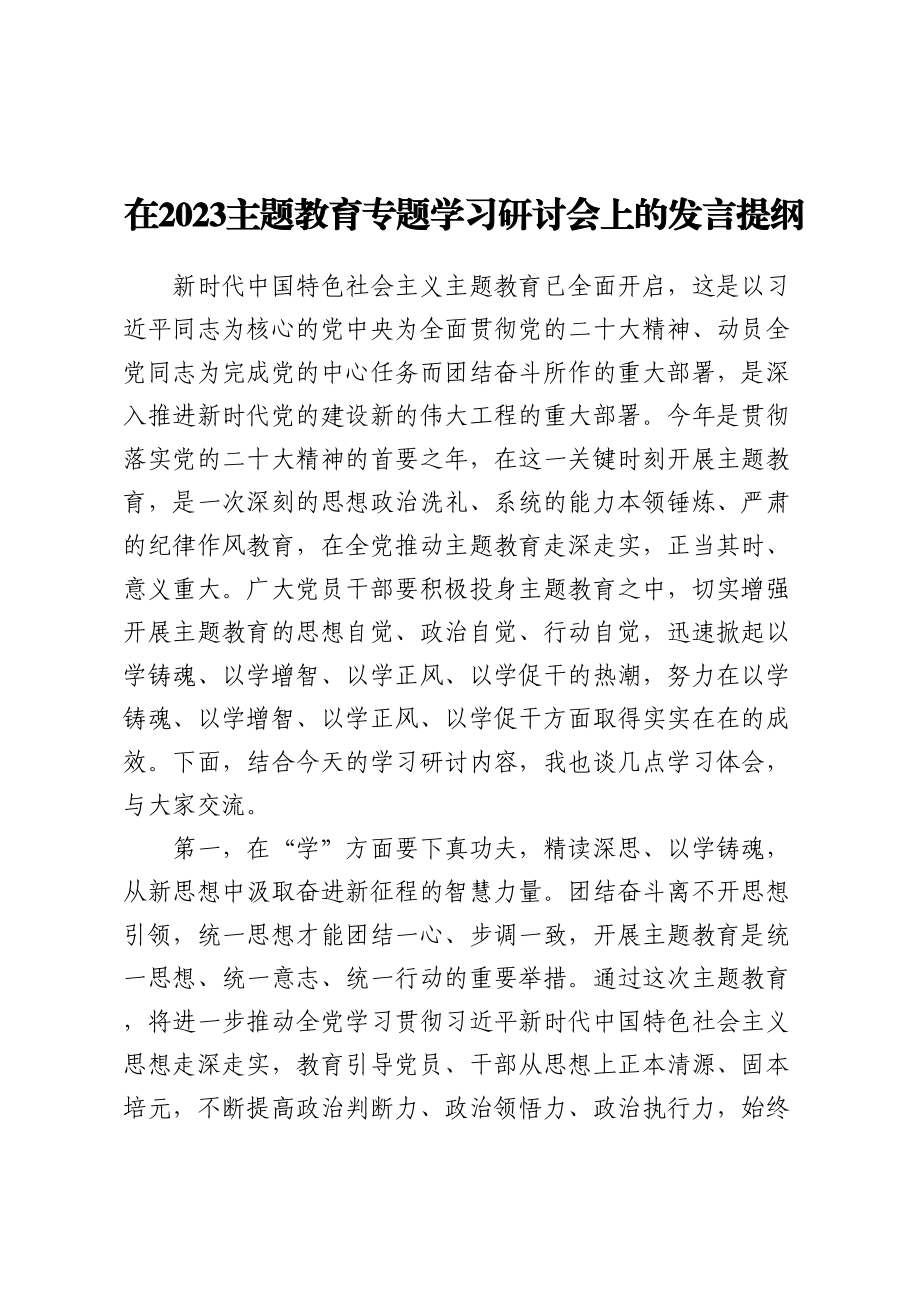 在2023主题教育专题学习研讨会上的发言提纲.docx_第1页