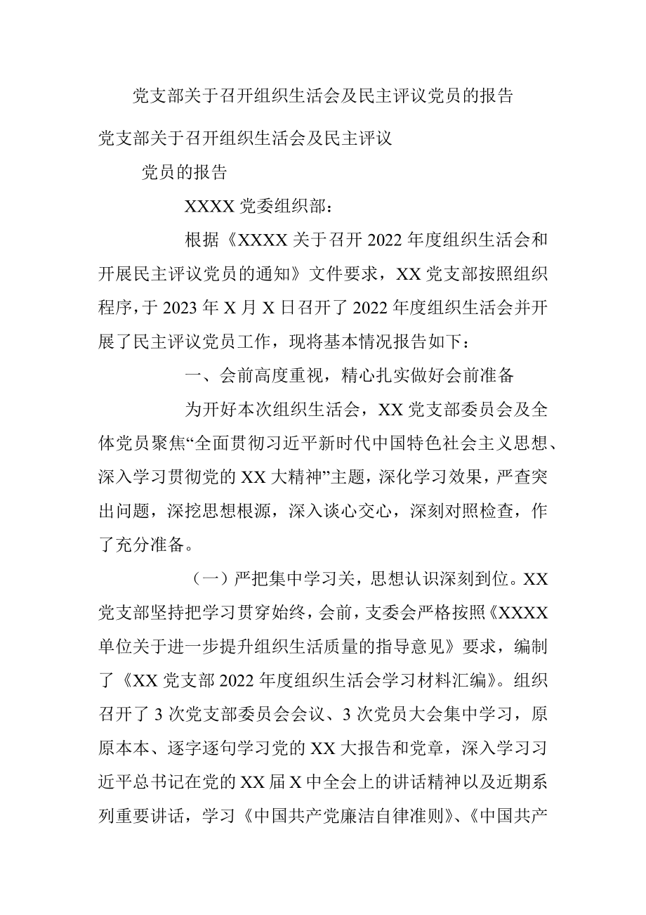 党支部关于召开组织生活会及民主评议党员的报告.docx_第1页