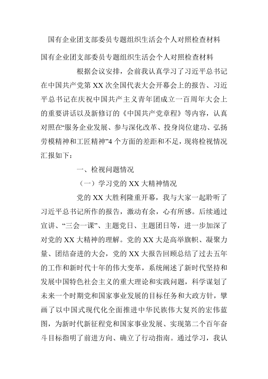 国有企业团支部委员专题组织生活会个人对照检查材料.docx_第1页