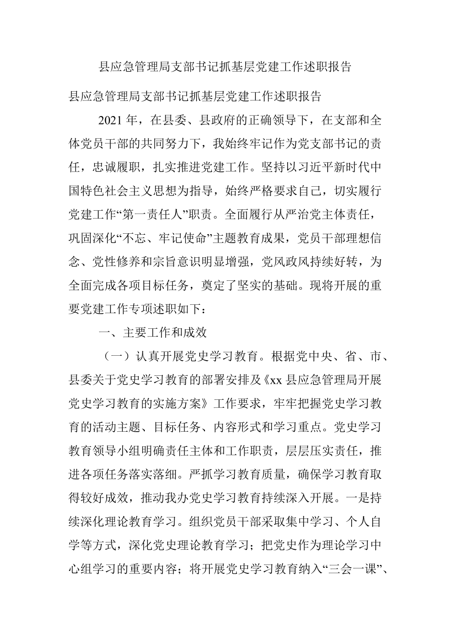 县应急管理局支部书记抓基层党建工作述职报告.docx_第1页