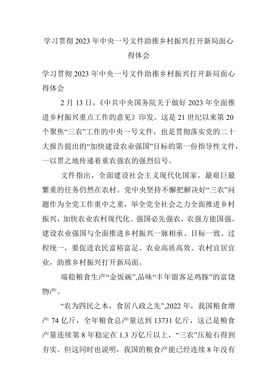 学习贯彻2023年中央一号文件助推乡村振兴打开新局面心得体会.docx_第1页