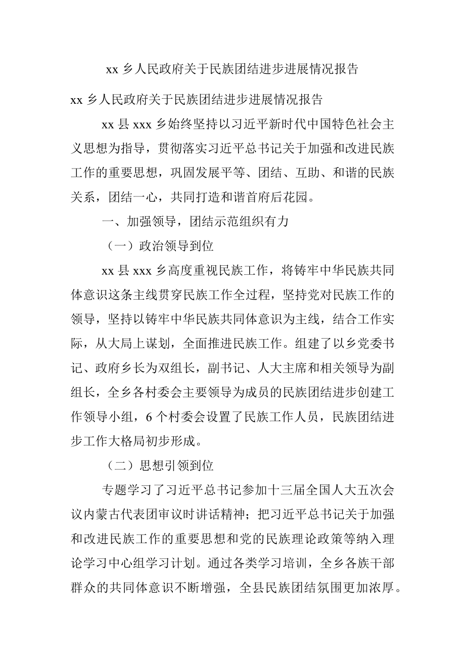 xx乡人民政府关于民族团结进步进展情况报告.docx_第1页