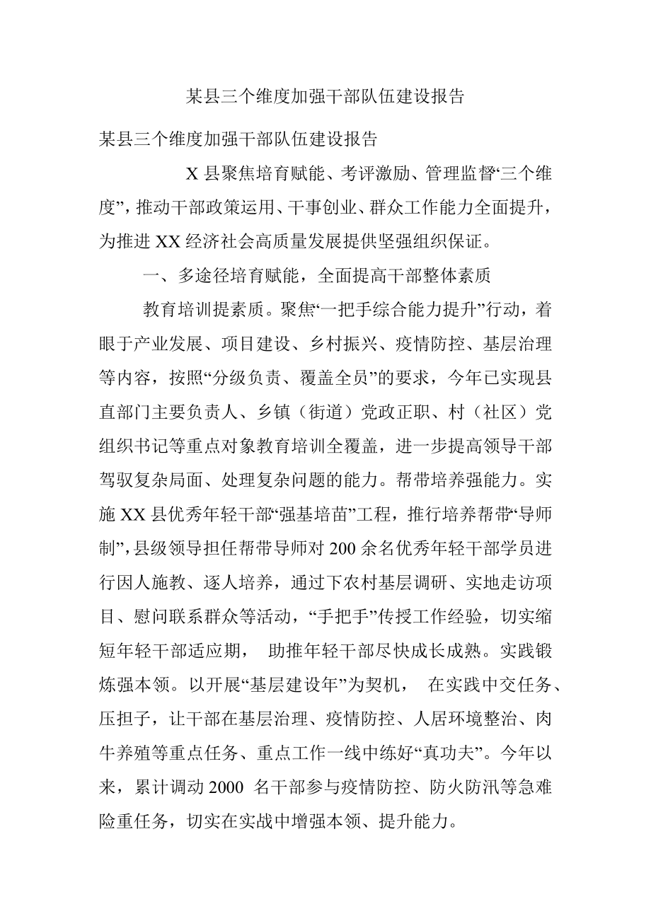 某县三个维度加强干部队伍建设报告.docx_第1页