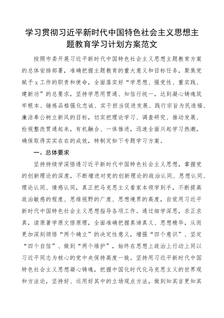 学习贯彻新时代特色思想主题教育学习计划方案(范文）.docx_第1页