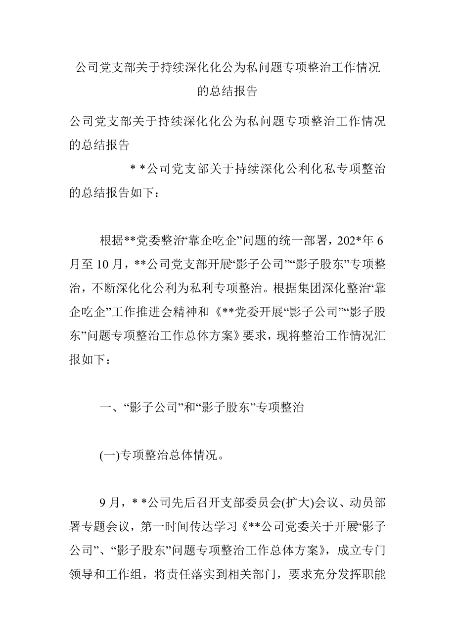 公司党支部关于持续深化化公为私问题专项整治工作情况的总结报告.docx_第1页