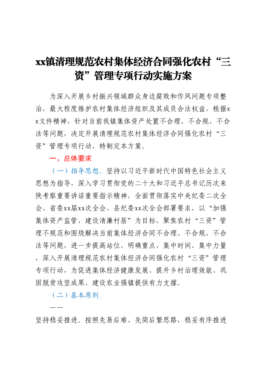 xx镇清理规范农村集体经济合同强化农村“三资”管理专项行动实施方案 .docx_第1页