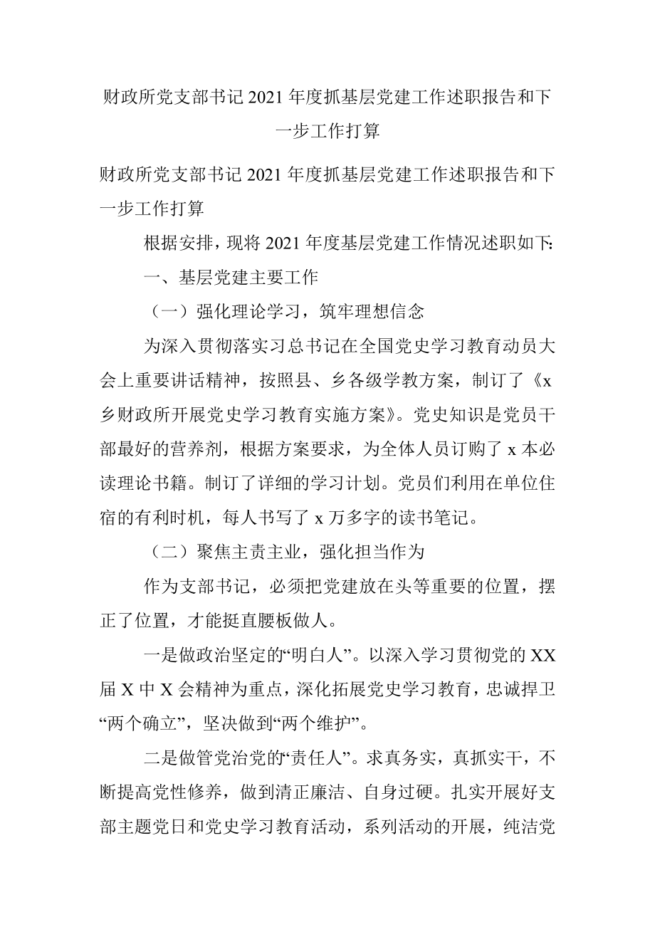 财政所党支部书记2021年度抓基层党建工作述职报告和下一步工作打算.docx_第1页