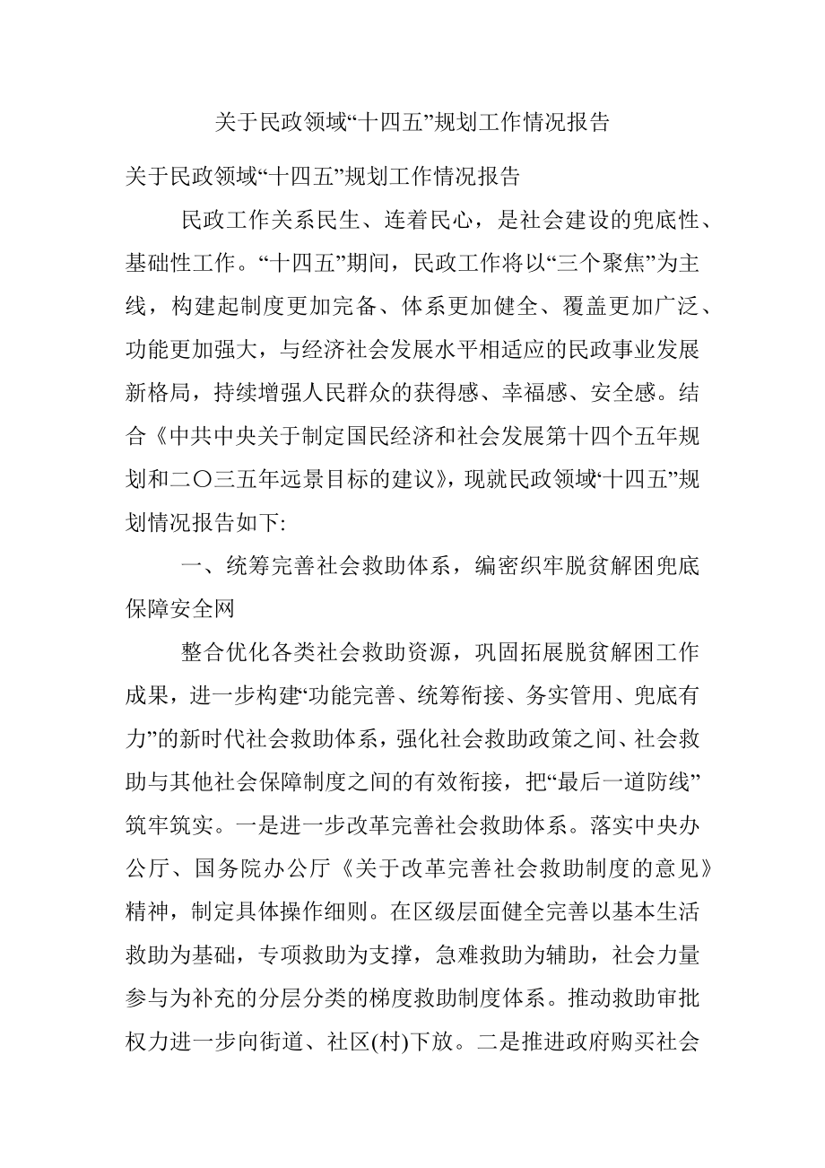 关于民政领域“十四五”规划工作情况报告.docx_第1页