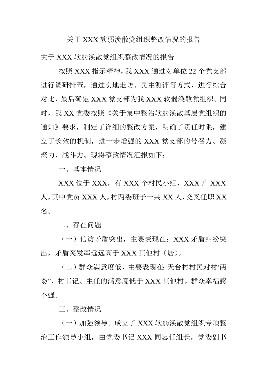 关于XXX软弱涣散党组织整改情况的报告.docx_第1页