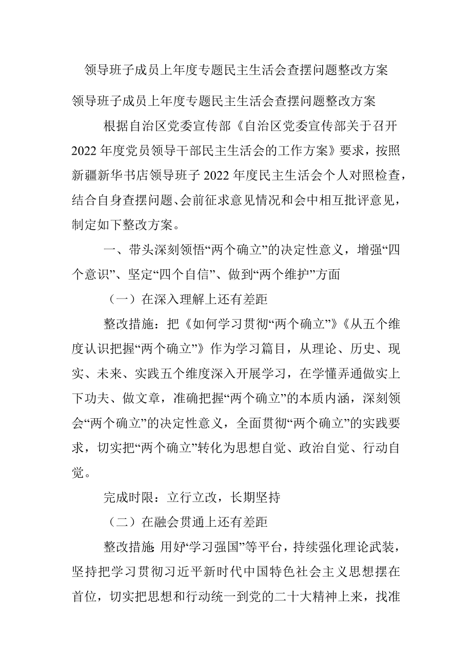 领导班子成员上年度专题民主生活会查摆问题整改方案.docx_第1页