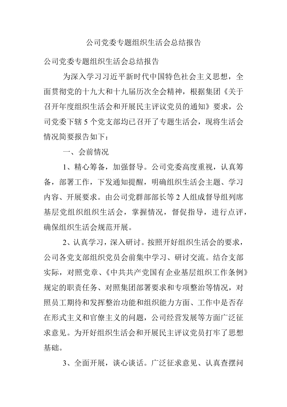 公司党委专题组织生活会总结报告.docx_第1页