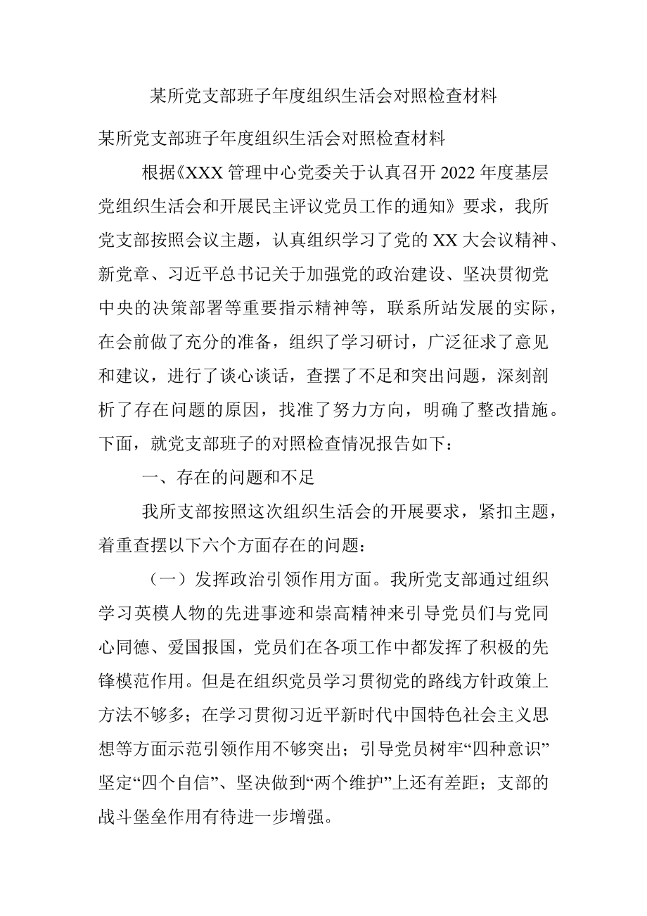 某所党支部班子年度组织生活会对照检查材料.docx_第1页