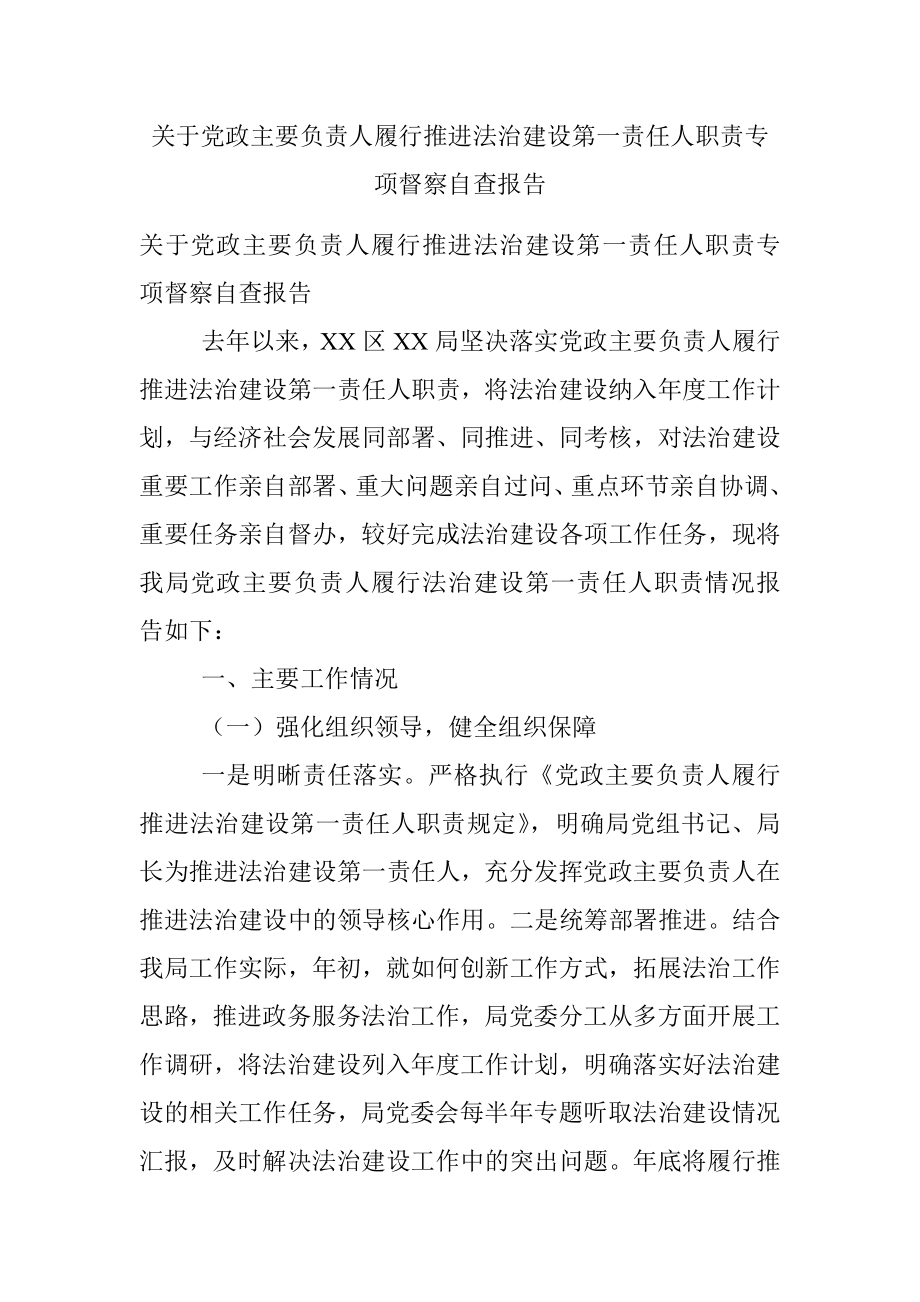 关于党政主要负责人履行推进法治建设第一责任人职责专项督察自查报告.docx_第1页